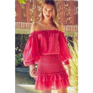 ALEXIS Marilena Smocked Off-Shoulder Mini Dress Bright Pink Orange Dot Large